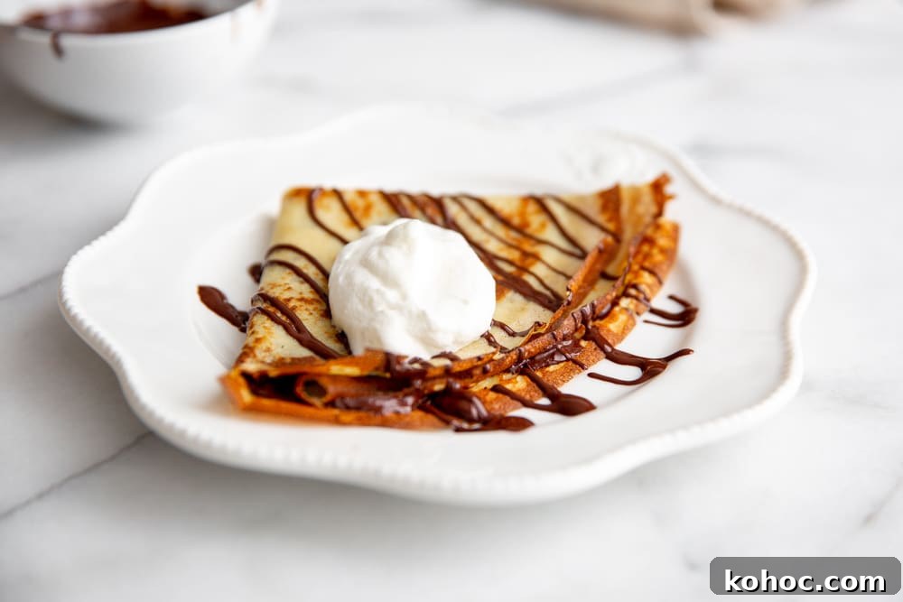 A chocolate crepe on a plate, drizzled with melted chocolate and topped with whipped cream. 