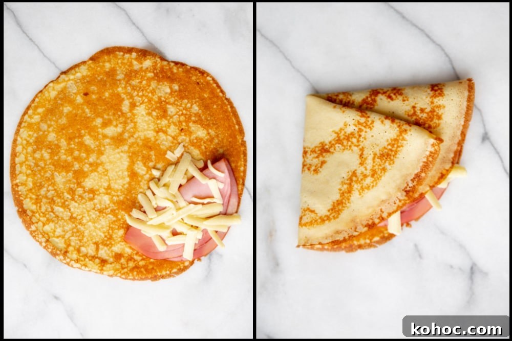 Process shot divided into two quadrants, showing how to fill a crepe with ham and cheese then fold it. 
