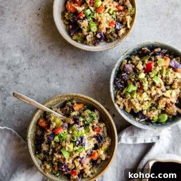 Savory Asian Cauliflower Fried Rice with Tangy Sauce 2 overhead of three bowls of Asian cauliflower rice