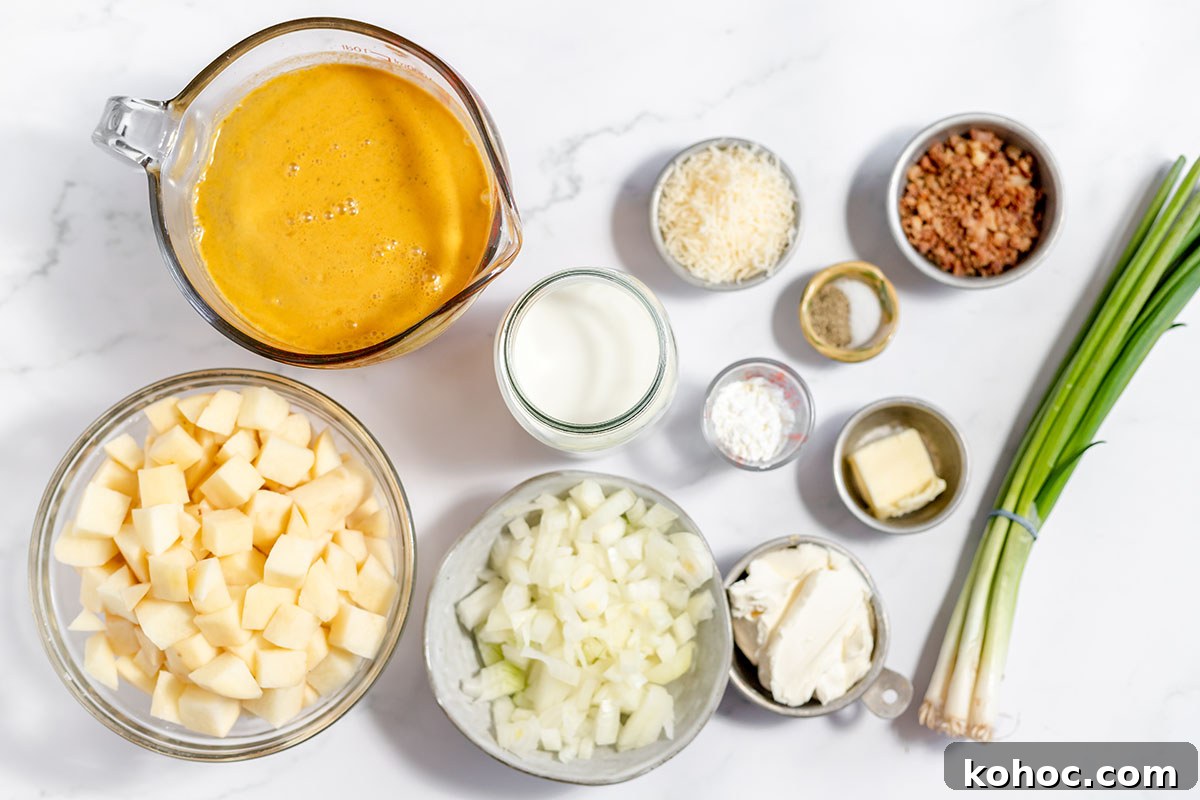 Creamy Baked Potato Soup with Crispy Bacon Topping 3 Ingredients to make Baked Potato Soup set out on the counter.