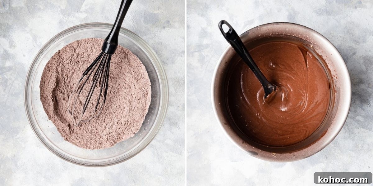 Chocolate Orange Cupcakes Recipe with Zesty Ganache 6 side by side top view of mixing bowls with ingredients for cake batter