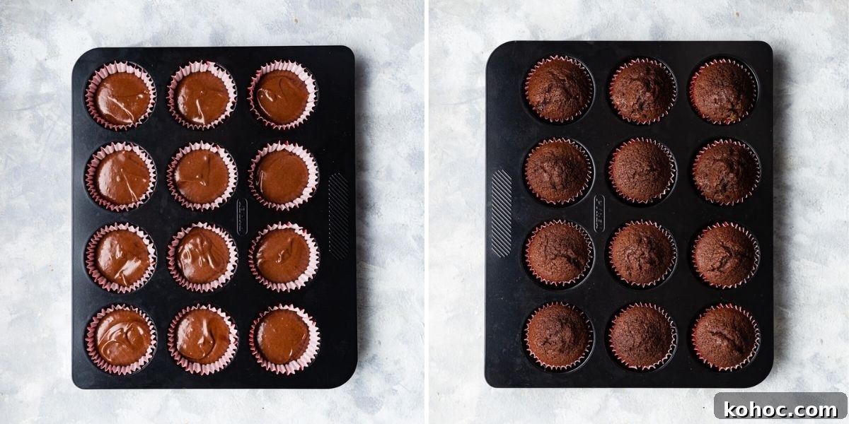 Chocolate Orange Cupcakes Recipe with Zesty Ganache 7 side by side top view of baking tin with cupcakes before and after baking