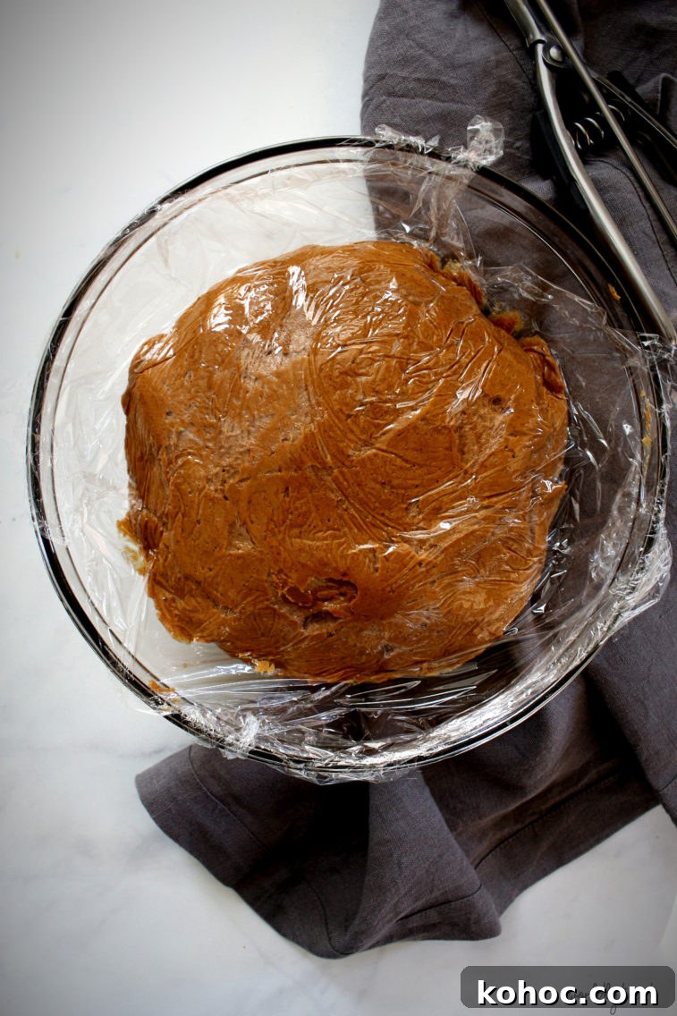 Chewy Pumpkin Snap Cookies Recipe — Soft Spiced Fall Treat 5 cookie dough wrapped in plastic wrap.