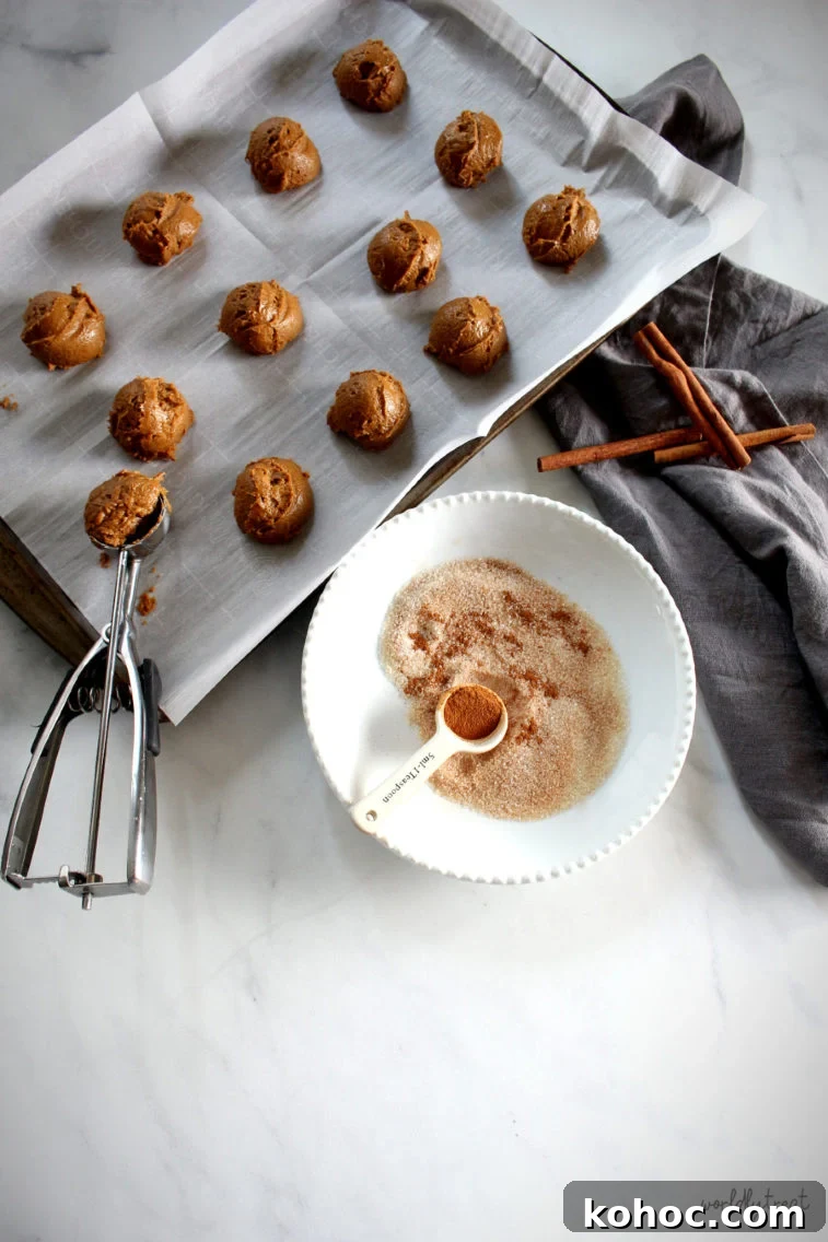 Chewy Pumpkin Snap Cookies Recipe — Soft Spiced Fall Treat 6 scooping the chewy pumpkin cookie dough and rolling in cinnamon sugar