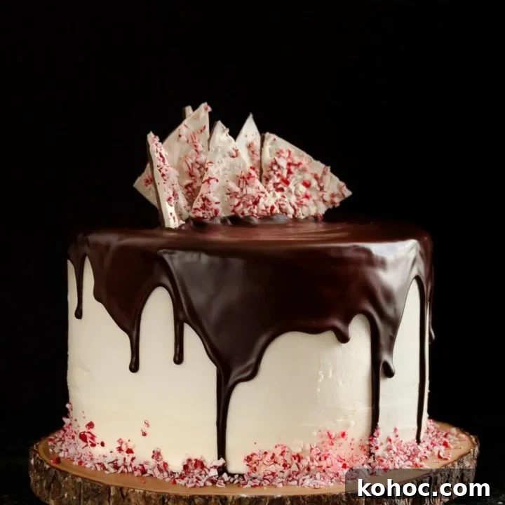 Christmas candy meets Christmas cake in this minty, chocolaty, decadent peppermint bark cake recipe.  * GoodieGodmother.com