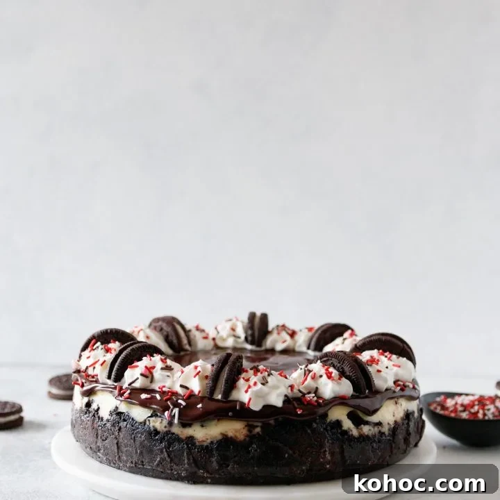 whole candy cane joe-joe's cheesecake on a marble plate, light background