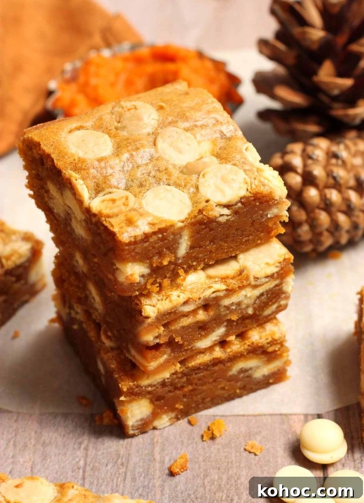 Fudgy Pumpkin Blondies with White Chocolate Chunks 4 stack of pumpkin blondies