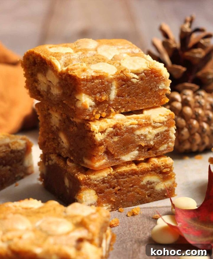 Fudgy Pumpkin Blondies with White Chocolate Chunks 9 stack of pumpkin blondies