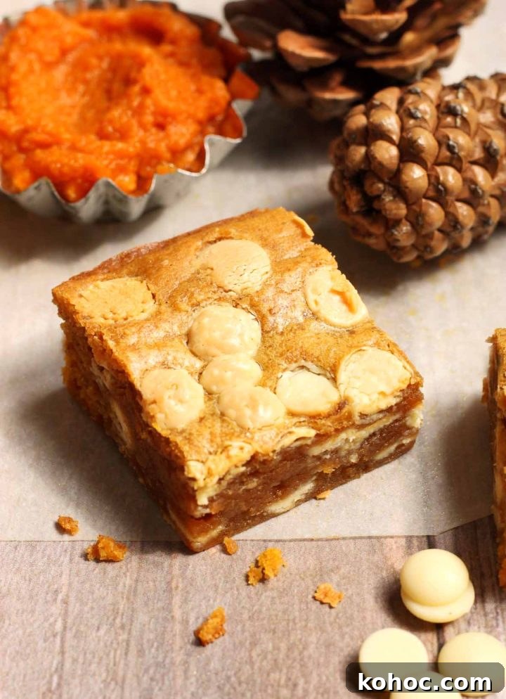 Fudgy Pumpkin Blondies with White Chocolate Chunks 10 single square of pumpkin blondies