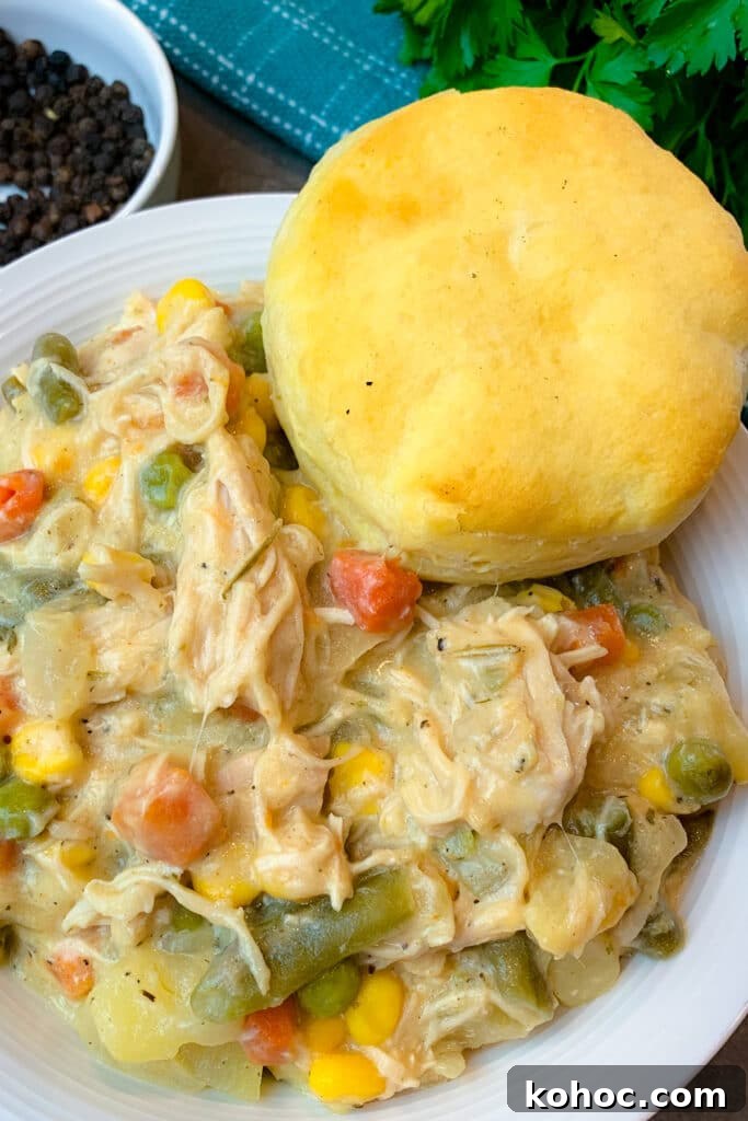 Slow-Cooker Chicken Pot Pie with Flaky Biscuit Topping 2 Crock pot chicken pot pie in a white bowl with a biscuit.