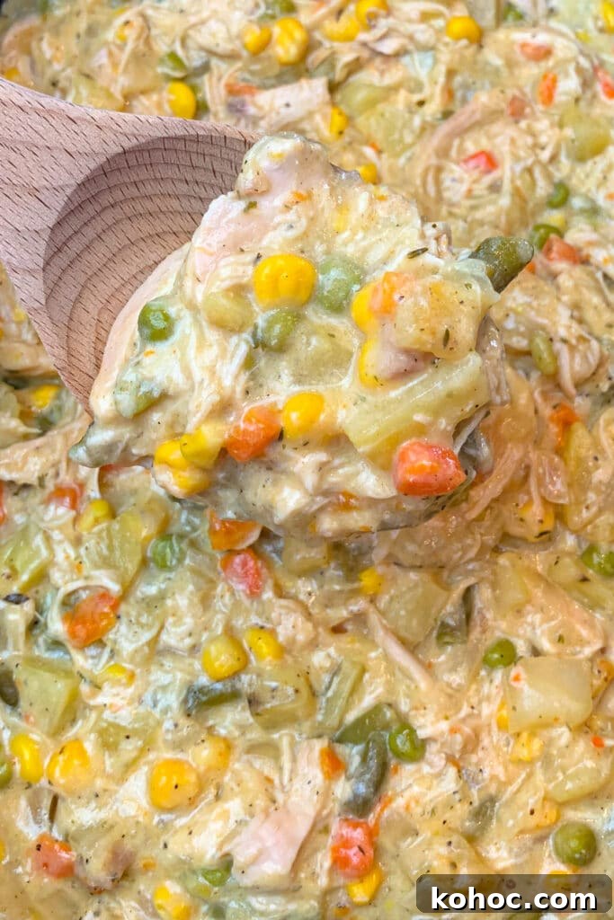 Slow-Cooker Chicken Pot Pie with Flaky Biscuit Topping 3 Close up of Crock pot chicken pot pie in a slow cooker.