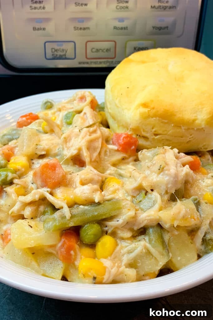 Slow-Cooker Chicken Pot Pie with Flaky Biscuit Topping 4 slow cooker chicken pot pie in a white bowl with a biscuit.