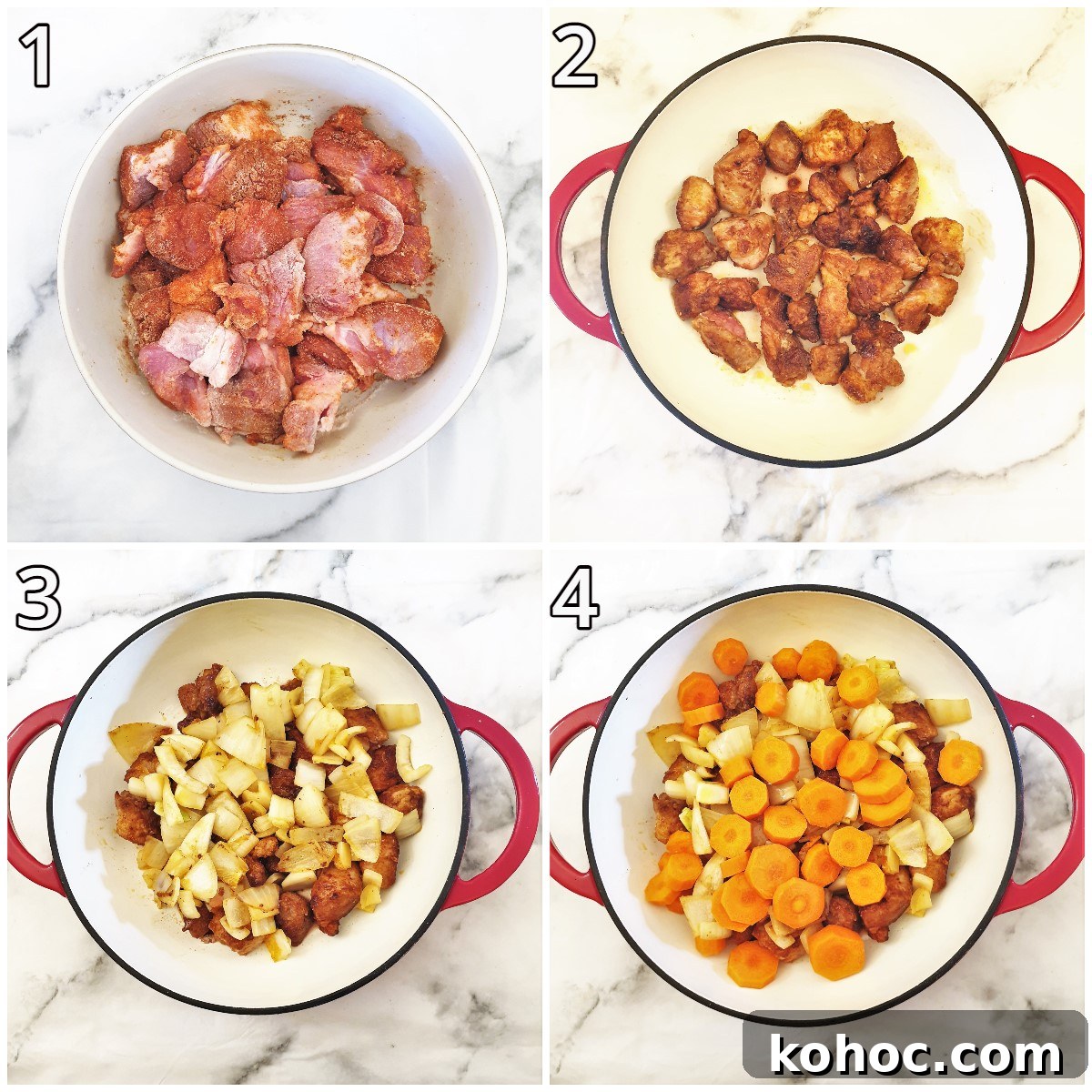 Savory Pork and Cabbage Hotpot Recipe for Cozy Weeknights 4 Steps for browning the meat and adding the onions and carrots.