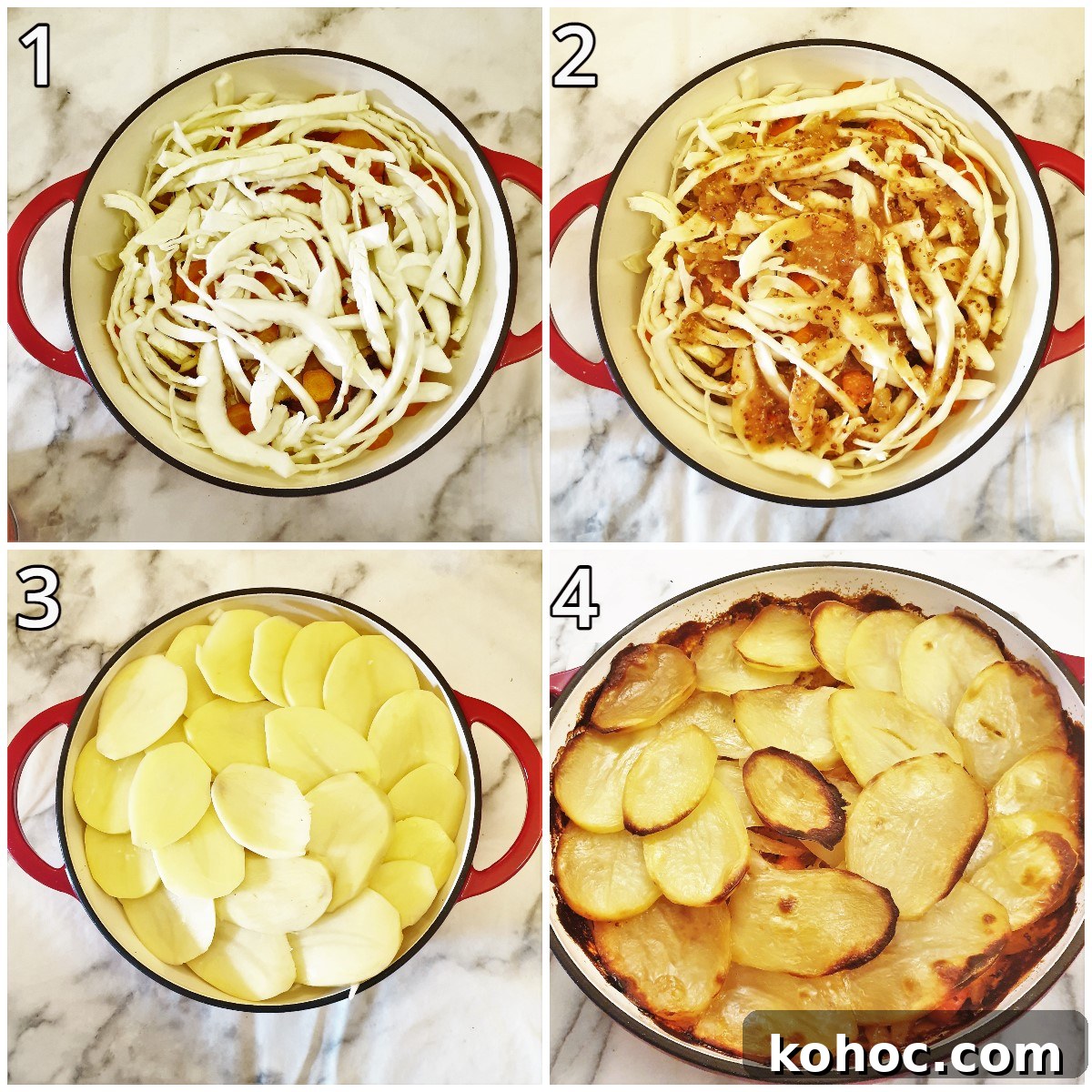Savory Pork and Cabbage Hotpot Recipe for Cozy Weeknights 5 Steps for adding the cabbage and gravy and covering with sliced potatoes.