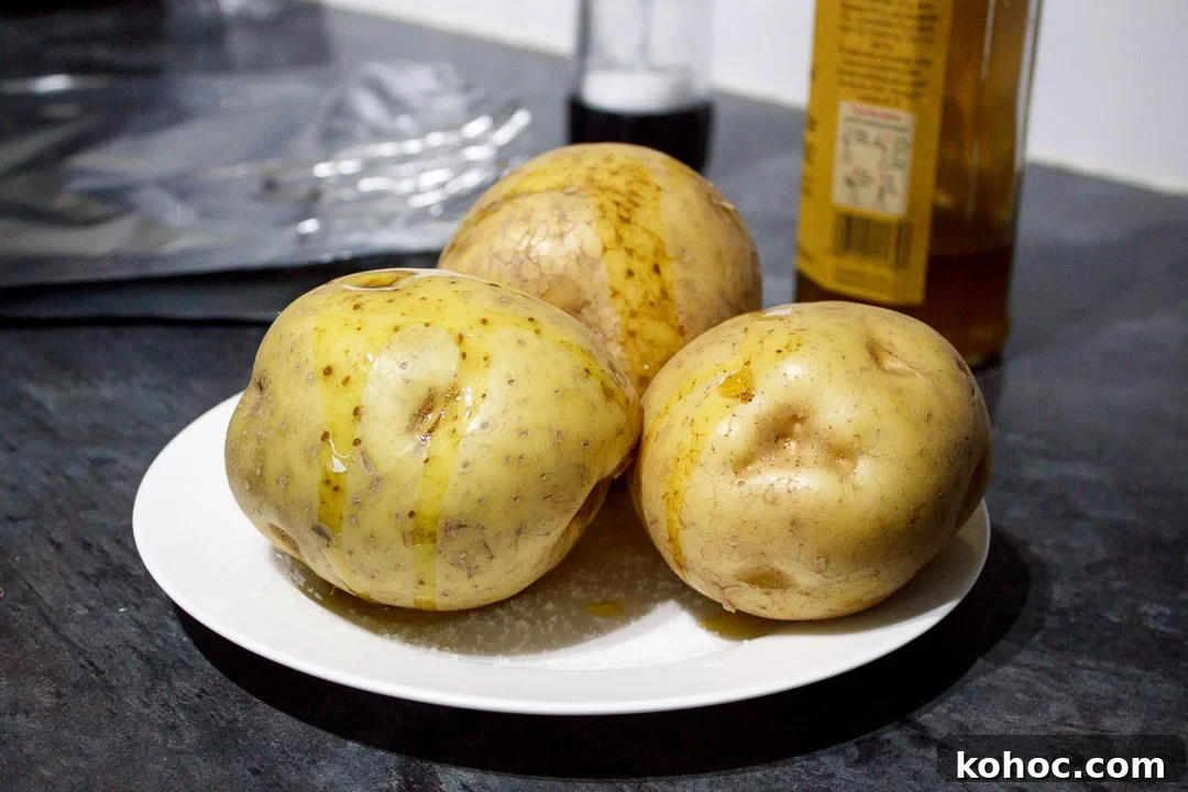 Slow Cooker Baked Jacket Potatoes Recipe 12 3 baking potatoes on a plate with salt, drizzled with oil