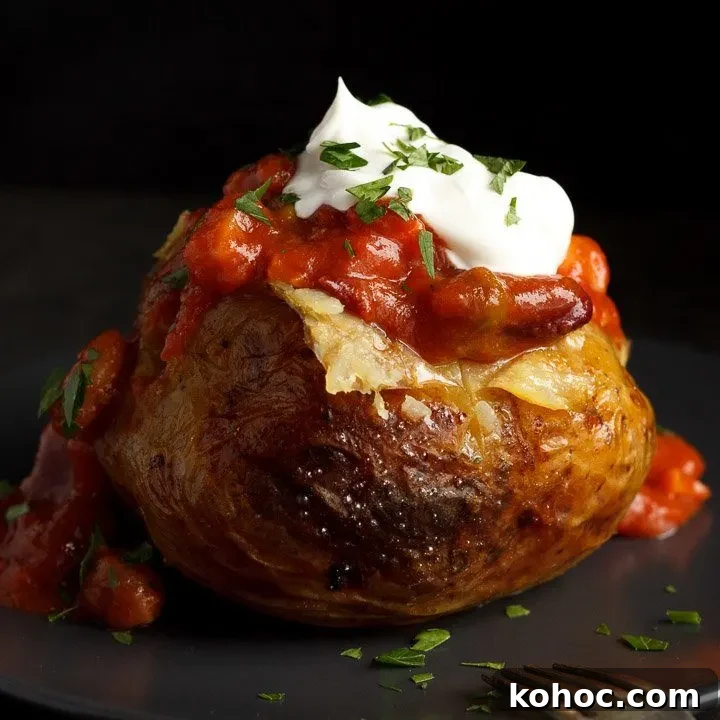 A slow cooker jacket potato on a grey plate topped with vegan chilli and vegan creme fraiche