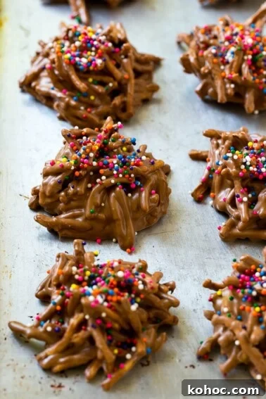 Oreo Truffles Recipe: Creamy No-Bake Chocolate Bites 5 Haystack cookies made with chow mein noodles on a baking sheet.