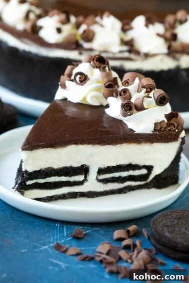 Oreo Truffles Recipe: Creamy No-Bake Chocolate Bites 2 A slice of no bake Oreo cheesecake with a cookie crust, cheesecake and Oreo filling and chocolate topping.
