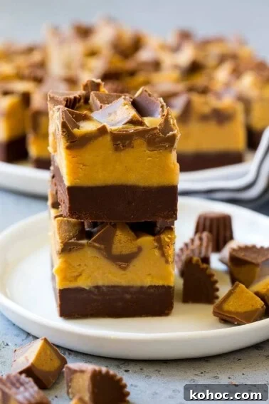 Oreo Truffles Recipe: Creamy No-Bake Chocolate Bites 3 Stacked pieces of chocolate peanut butter fudge on a plate.