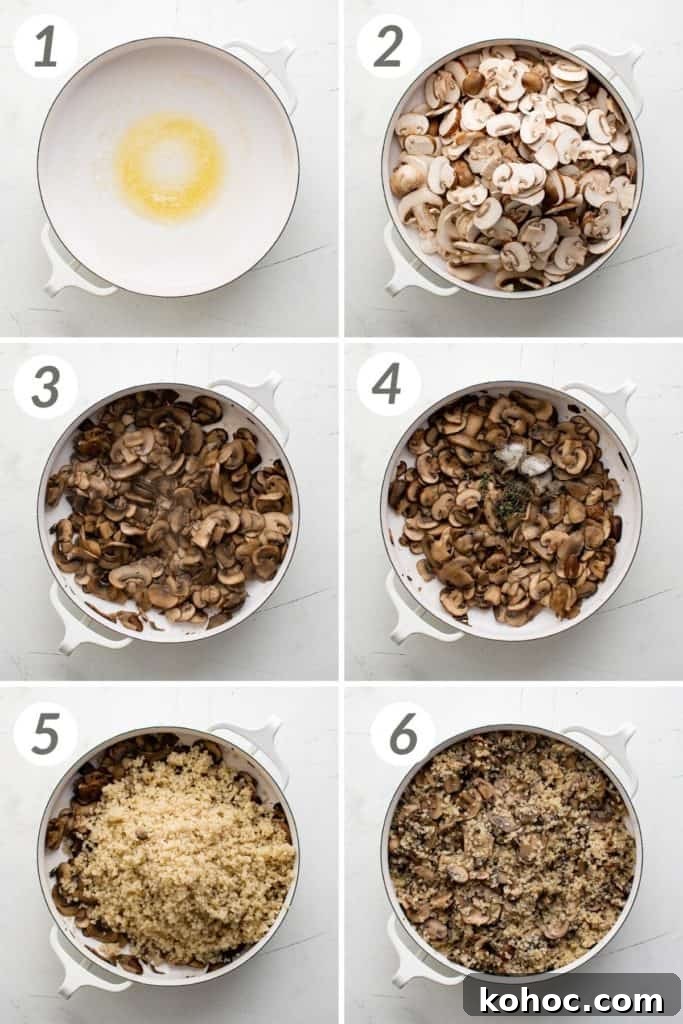 Mushroom Quinoa Recipe: Savory One-Pot Quinoa with Mushrooms 4 Collage showing how to make mushroom quinoa.