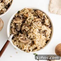 Mushroom Quinoa Recipe: Savory One-Pot Quinoa with Mushrooms 6 Close up view of a spoon in a bowl of mushroom quinoa.