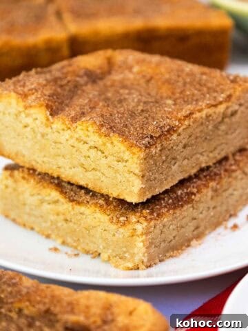 Two thick, golden-brown snickerdoodle cookie bars stacked on a plate, topped with a crackly cinnamon-sugar crust.