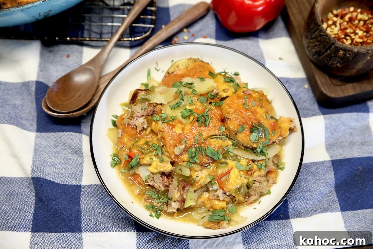 Slow-Cooker Pulled Pork Casserole with Cheesy Topping 7 Pulled pork casserole in a bowl.