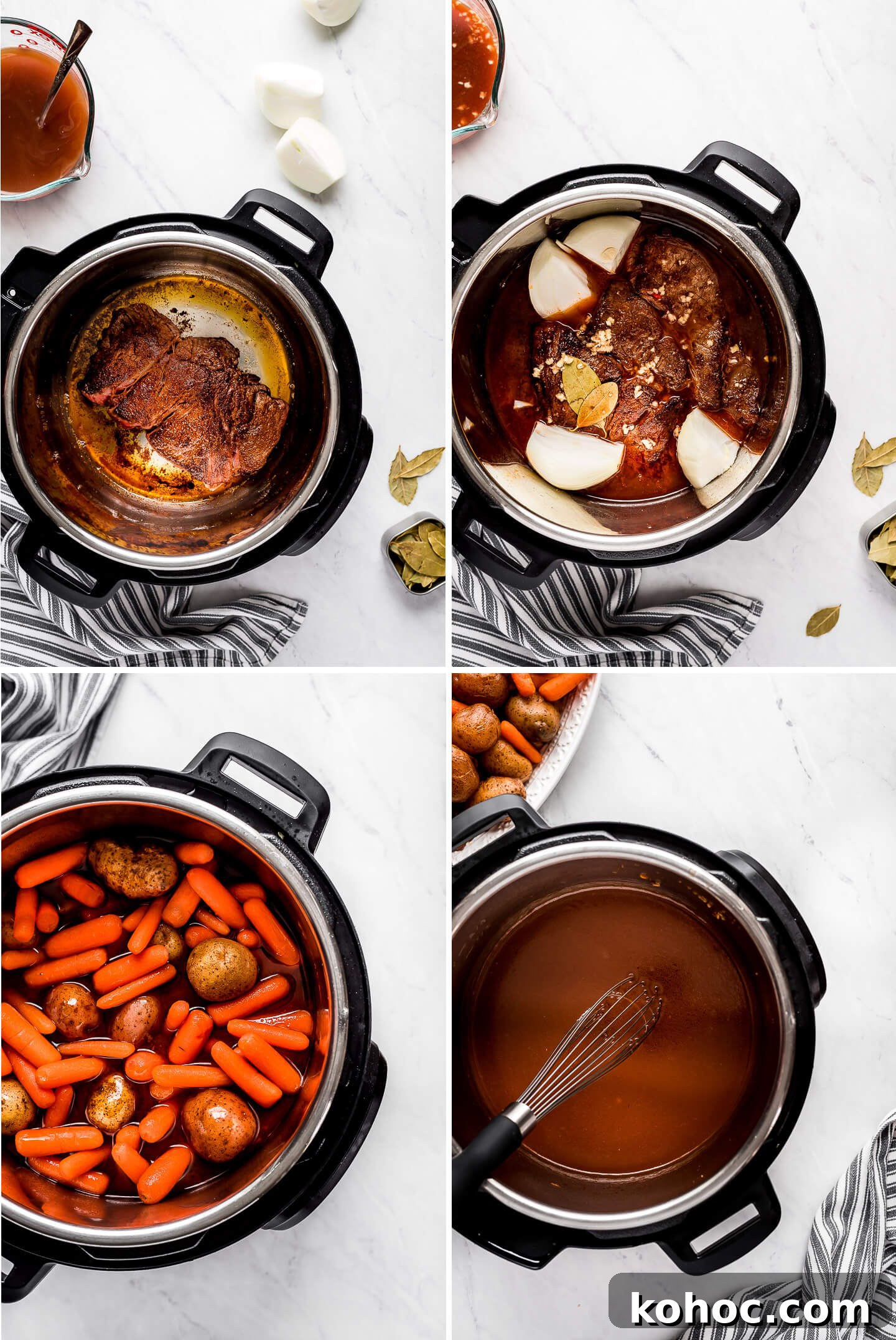 Juicy Instant Pot Pot Roast Recipe for Tender, Quick Dinner 5 Photo collage of how to make Pot Roast in an Instant Pot.