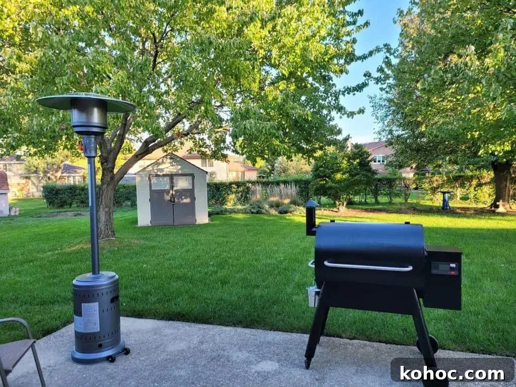 traeger pellet grill in the backyard on the patio