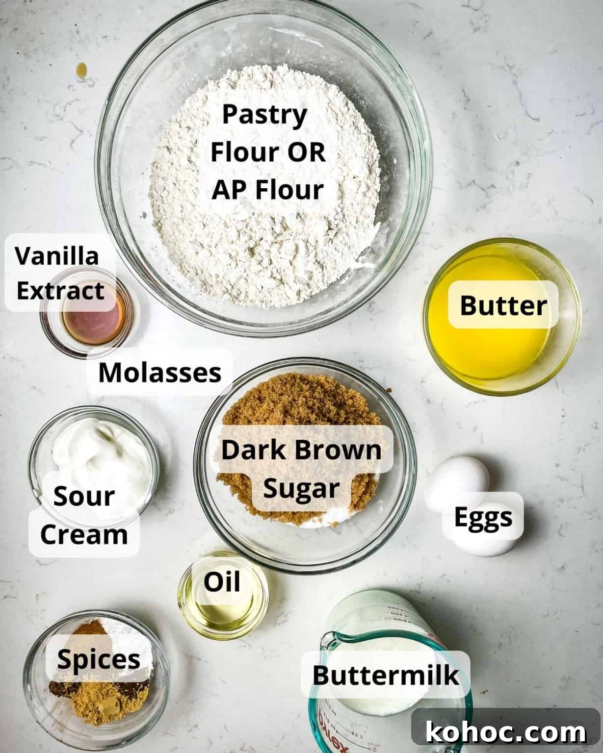 Gingerbread Muffins with Molasses Glaze: Cozy Holiday Treats 4 ingredients to make gingerbread muffins - pastry flour, butter, buttermilk, eggs, spices ,dark brown sugar, sugar, sour cream, oil, and vanilla extract.