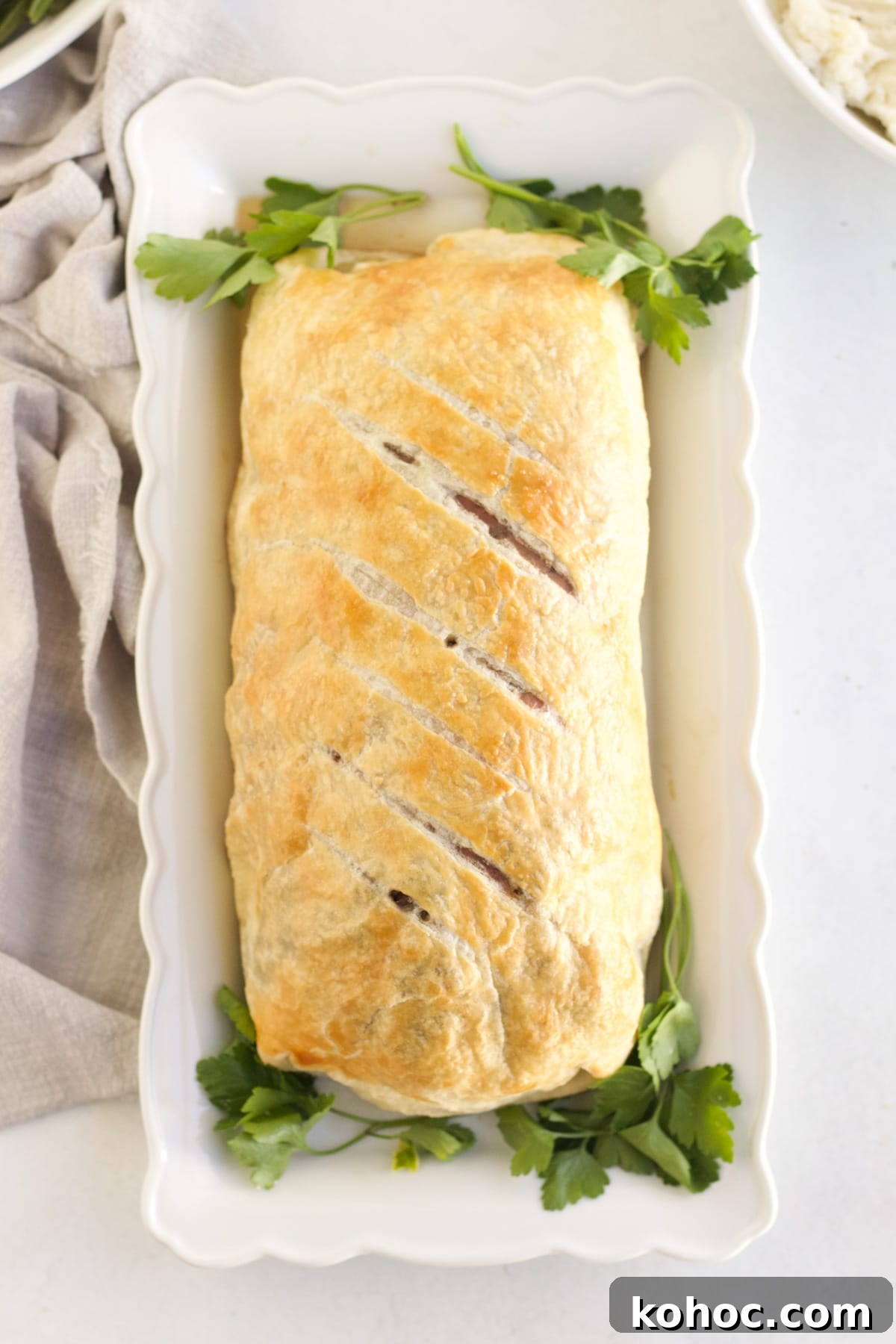 Classic Beef Wellington Recipe: Step-by-Step Guide for Perfect Results 4 An overhead image of Beef Wellington after being taken out of the oven.
