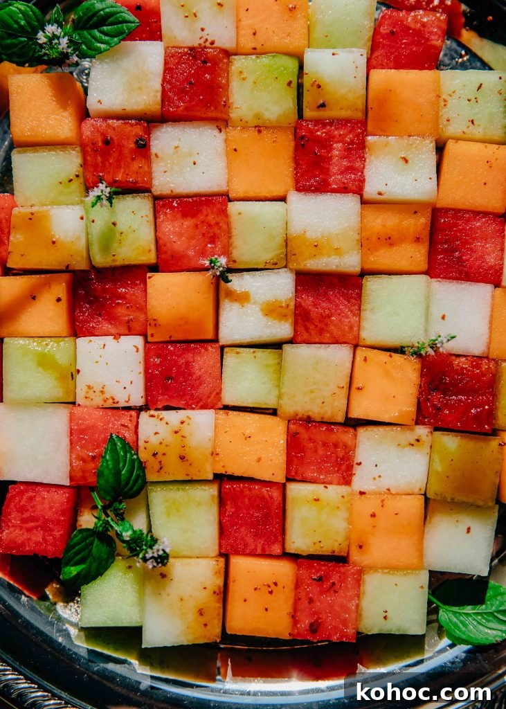 Checkerboard Melon Salad with Mint & Feta 2 Melon Checkerboard Salad | Well and Full | #vegetarian #recipe #mosaic