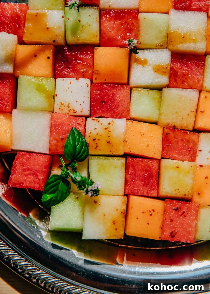 Checkerboard Melon Salad with Mint & Feta 3 Melon Checkerboard Salad | Well and Full | #vegetarian #recipe #mosaic