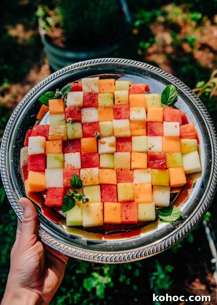 Checkerboard Melon Salad with Mint & Feta 4 Melon Checkerboard Salad | Well and Full | #vegetarian #recipe #mosaic