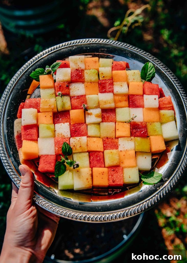 Checkerboard Melon Salad with Mint & Feta 6 Melon Checkerboard Salad | Well and Full | #vegetarian #recipe #mosaic