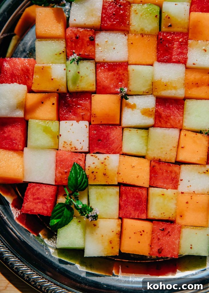 Checkerboard Melon Salad with Mint & Feta 7 Melon Checkerboard Salad | Well and Full | #vegetarian #recipe #mosaic