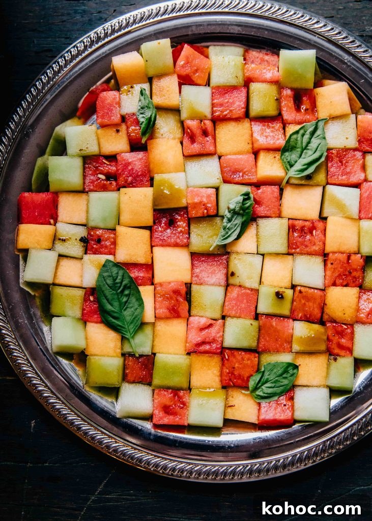 Checkerboard Melon Salad with Mint & Feta 8 Melon Checkerboard Salad | Well and Full | #vegetarian #recipe #mosaic
