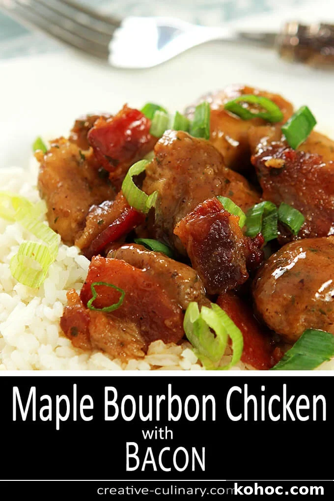 Maple Bourbon Chicken with Bacon Served Over Rice and Garnished with Green Onion