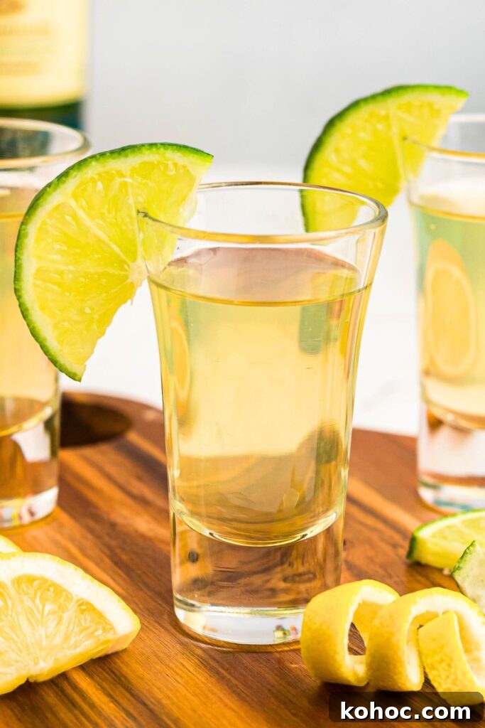 Green Tea Shot Recipe: How to Make the Classic Cocktail 6 Green tea shot in a small shot glass with a lime wedge and lemon curls in front of the glass.