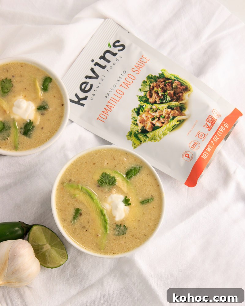 Chile Verde Soup with tomatillo taco sauce packet