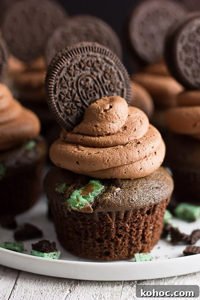 Mint Chocolate Oreo Vegan Cupcakes for Dessert Lovers 2 looking straight on a oreo mint cupcake