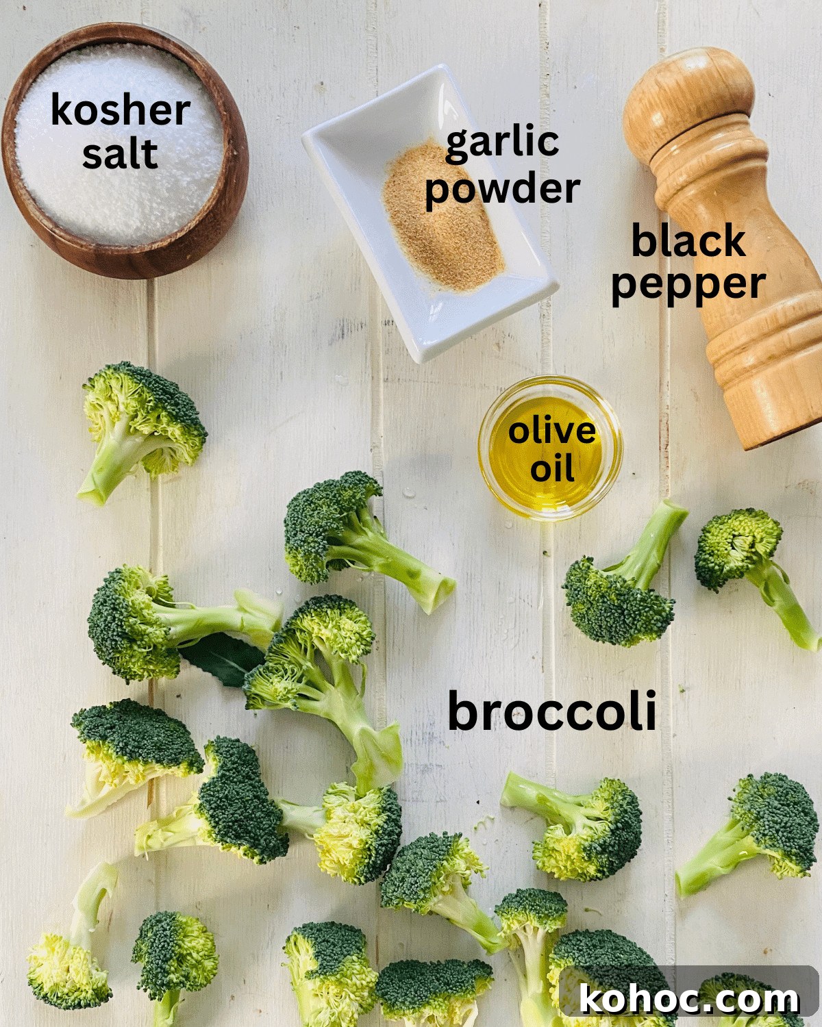 Crispy Garlic Broiled Broccoli Recipe — Quick Crispy Broccoli 4 broccoli florets, kosher salt, peppermill, olive oil, garlic powder.
