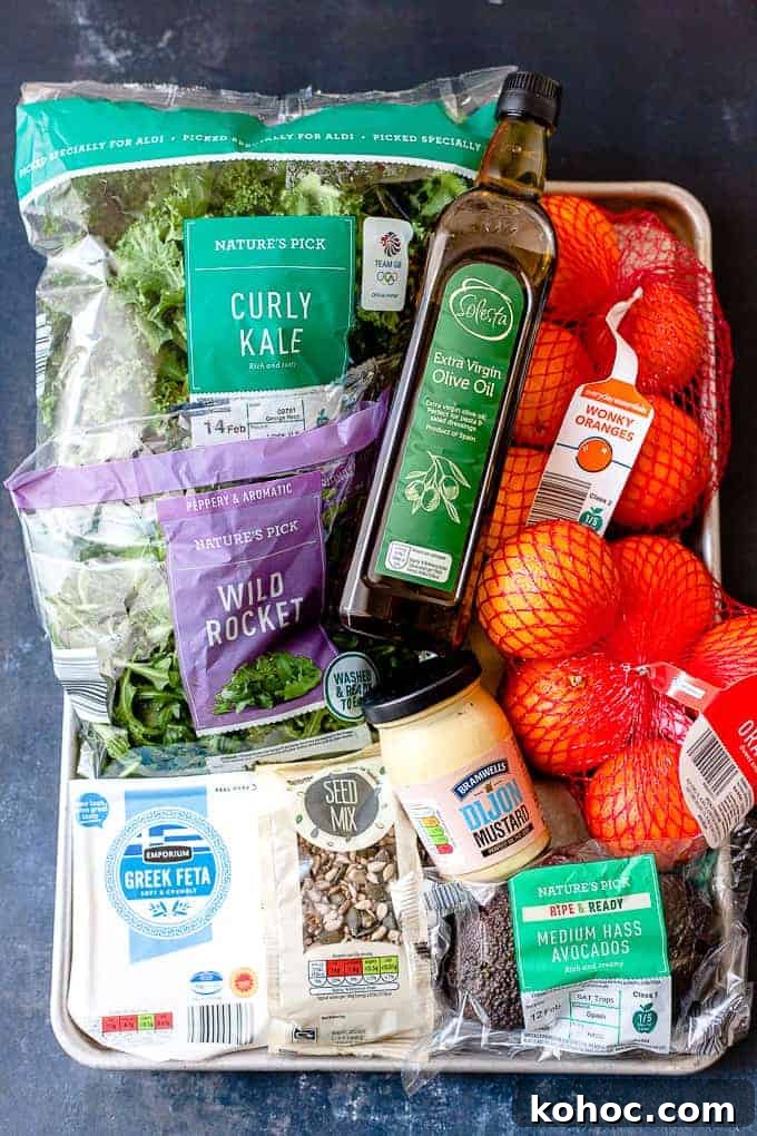 Aldi ingredients laid out for kale salad.