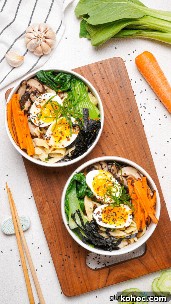 Gluten-Free Ramen: Homemade Noodle Recipe and Cooking Tips 7 gluten-free ramen noodles in two white bowls with chopsticks.