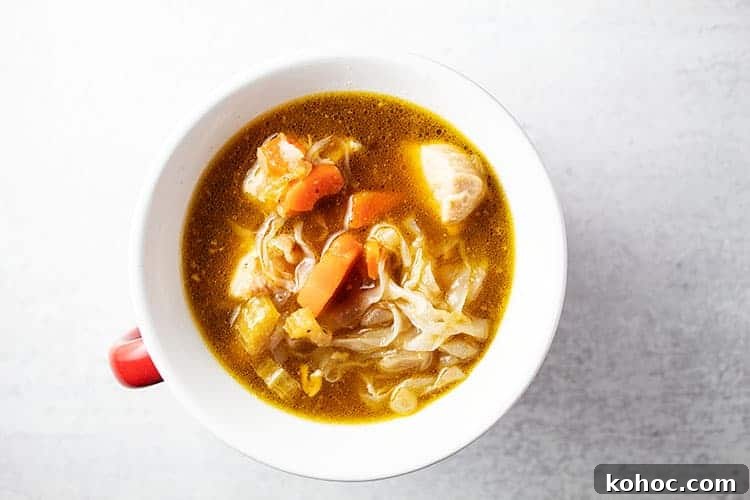 small bowl of keto chicken noodle soup with red handle