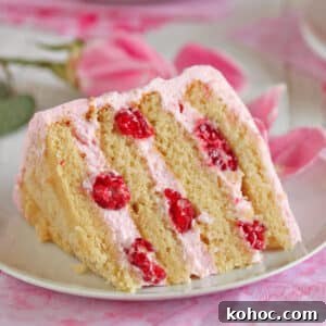 Lavender and Rose Ice Cream Recipe: Floral Homemade Gelato 3 Slice of Raspberry-Rose Cake on a white plate next to floral napkins, a pink rose and a white fork.