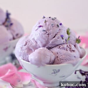 Lavender and Rose Ice Cream Recipe: Floral Homemade Gelato 4 Close up of a bowl of Lavender Rose Ice Cream.