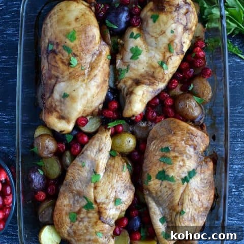 top view of balsamic cranberry chicken bake