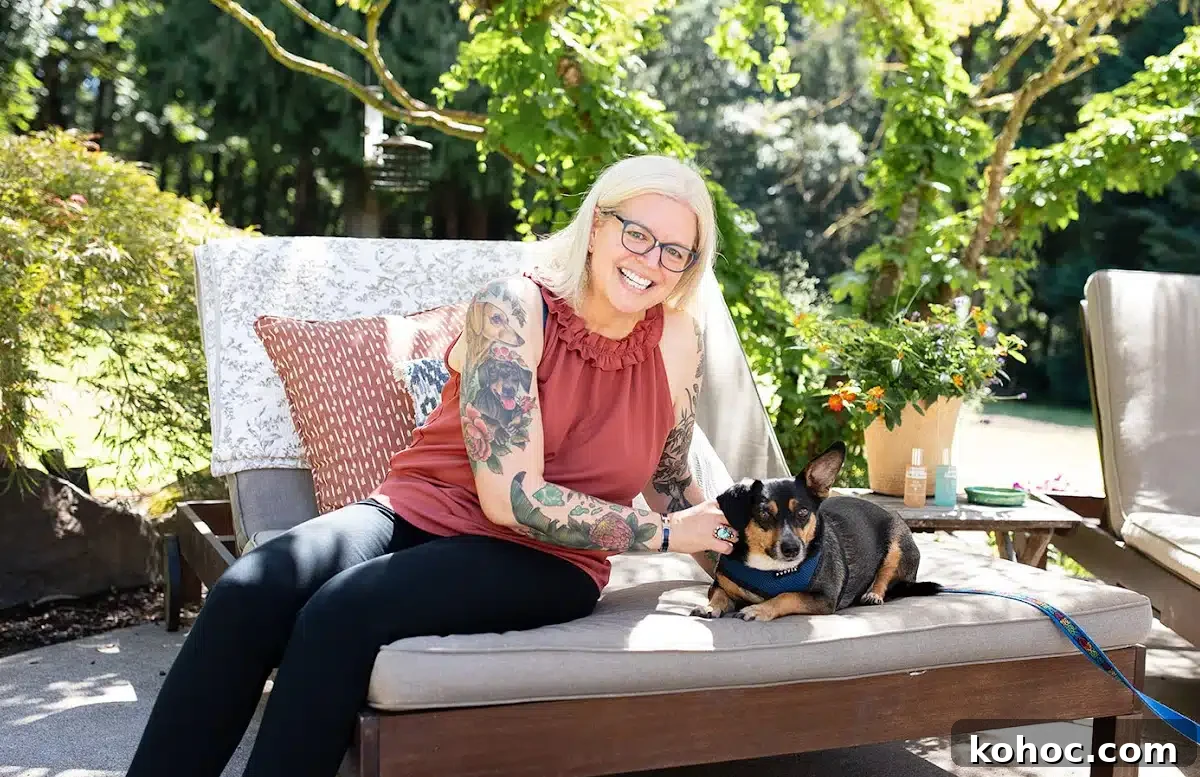 Dairy-Free Peppermint Patties Recipe: Homemade Mint Chocolates 4 Kristina sits on a deck chair in the back yard with her dog, Dutch.