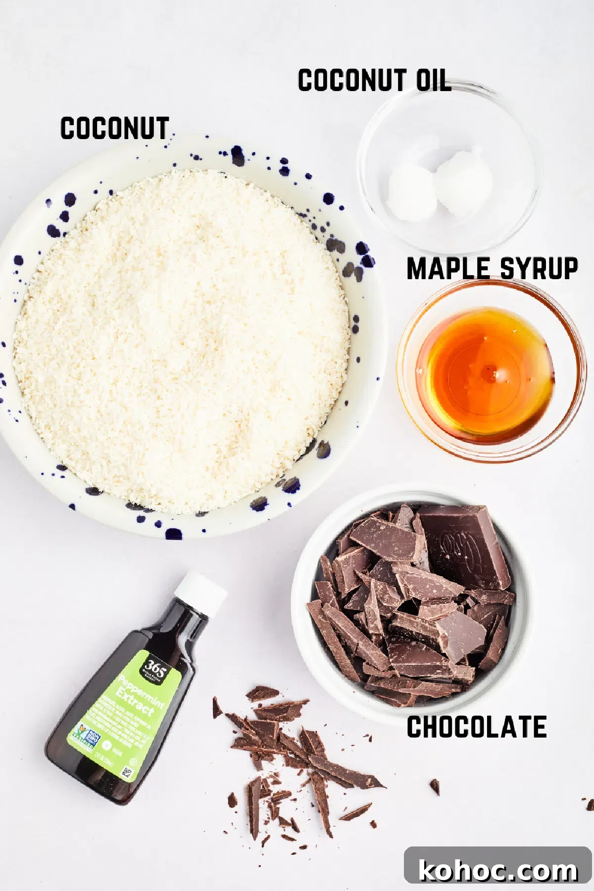 Dairy Free Peppermint Patties @spabettie #dairyfree #vegan #glutenfree #homemade #chocolate Bowls of ingredients to make vegan peppermint patties: coconut, coconut oil, maple syrup, chocolate, peppermint extract.